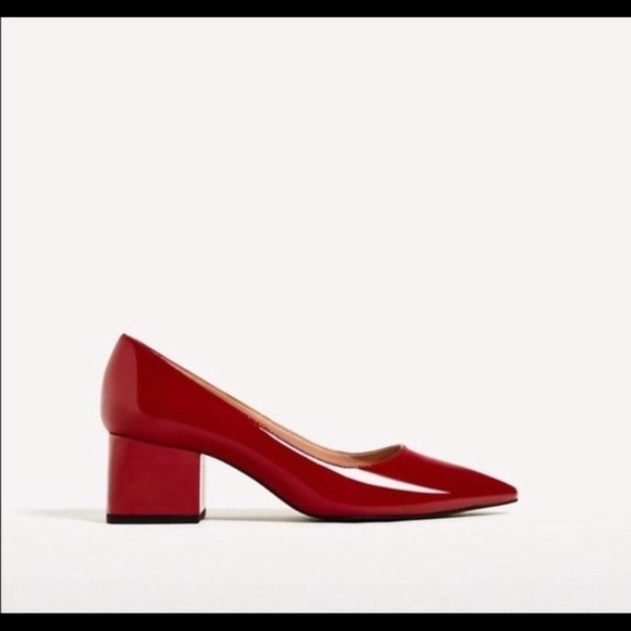 red pointed block heels